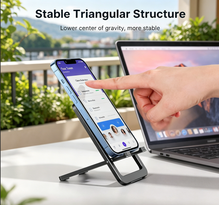 Cell Phone Stand, Foldable Aluminum Adjustable Phone Holder for Desk Portable Travel Essentials Office Accessories
