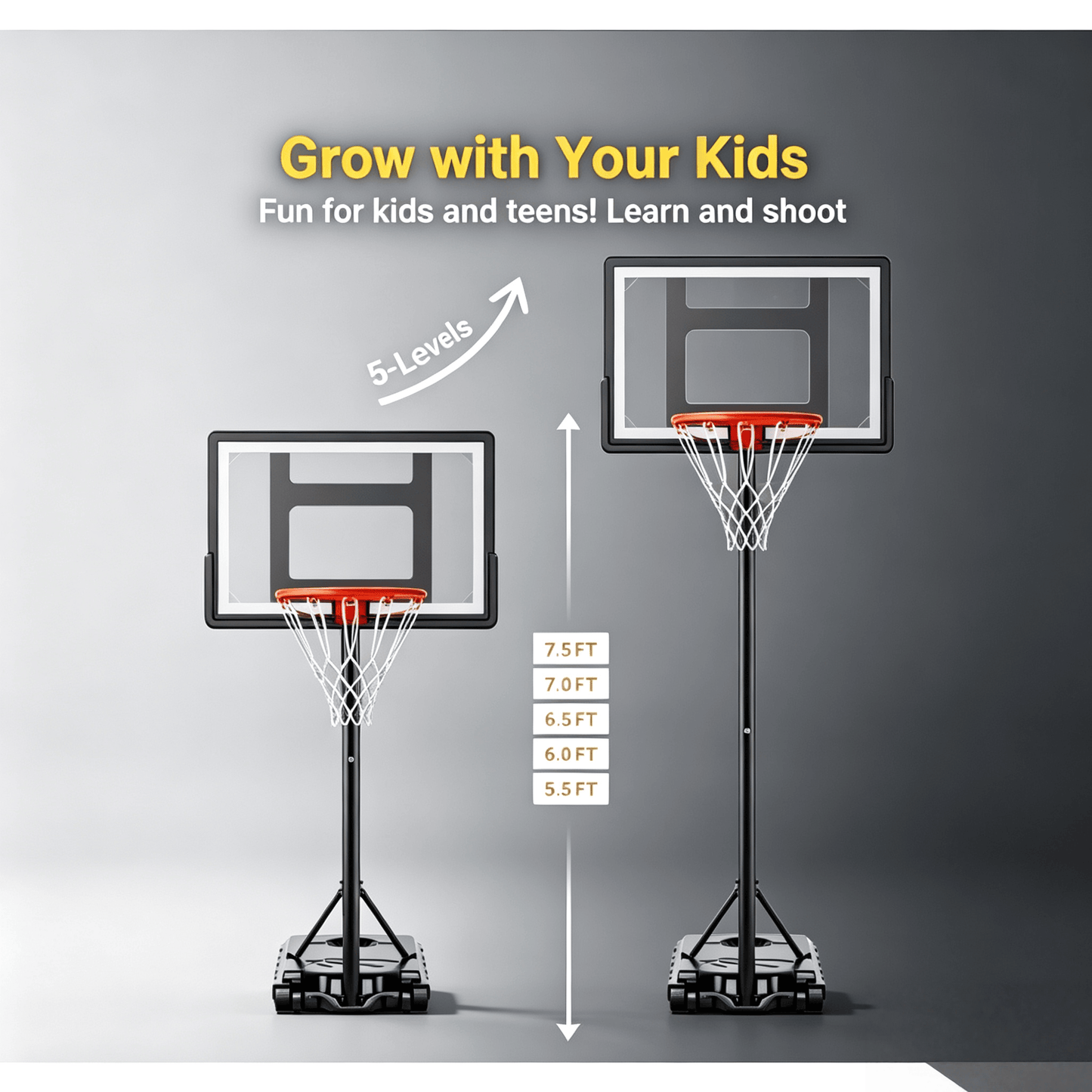 Adjustable Kids Basketball Hoop, 5.5–7.5 FT Height, 33 Inch Shatterproof Backboard