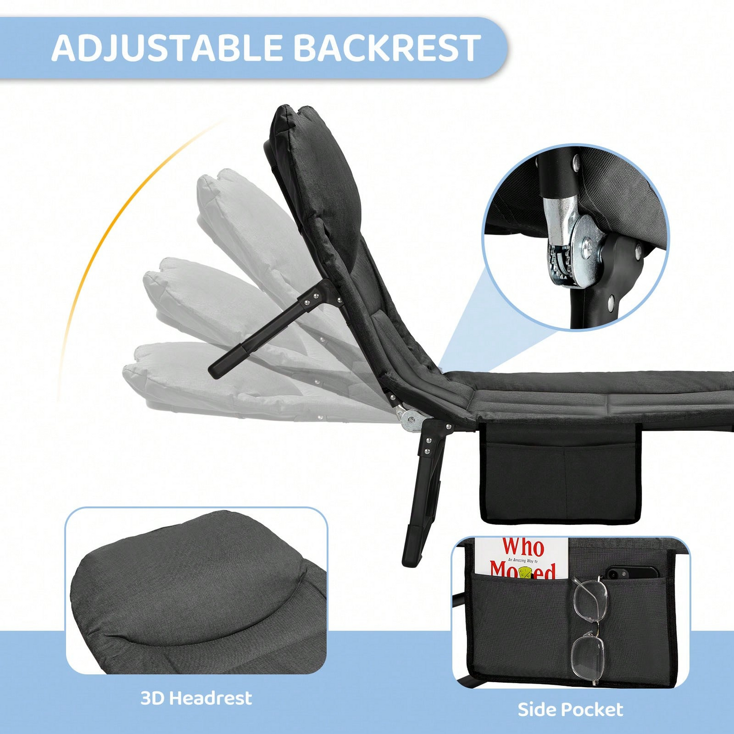 Camping Cot for Adults, 6 Angle Adjustable Folding Camping Bed