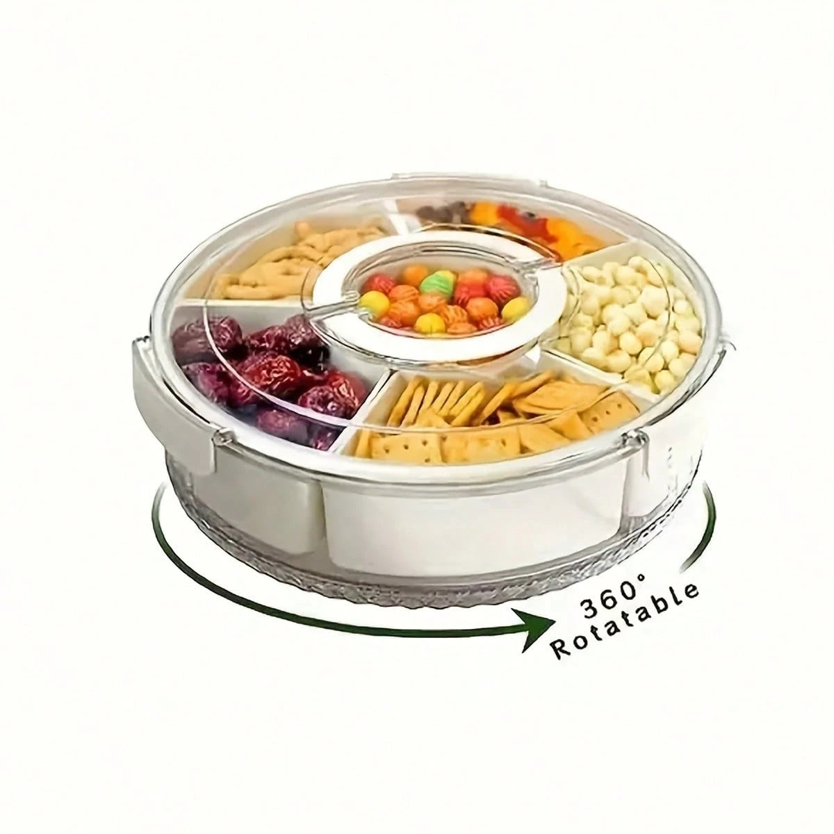 Rotatable Circular Snack Tray w/ Lid & Handle, Divided Food Storage Container for Fruit Veggie Kitchen & Outdoor 🍿