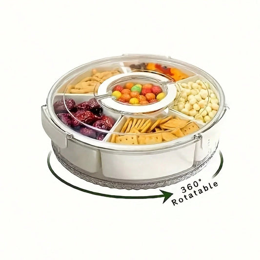Rotatable Circular Snack Tray w/ Lid & Handle, Divided Food Storage Container for Fruit Veggie Kitchen & Outdoor 🍿