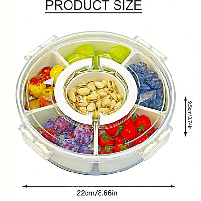 Rotatable Circular Snack Tray w/ Lid & Handle, Divided Food Storage Container for Fruit Veggie Kitchen & Outdoor 🍿