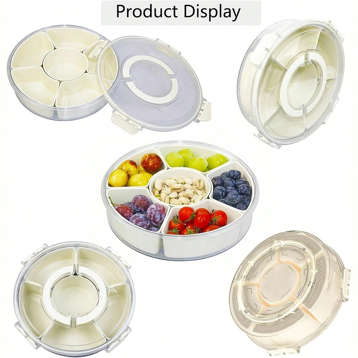 Rotatable Circular Snack Tray w/ Lid & Handle, Divided Food Storage Container for Fruit Veggie Kitchen & Outdoor 🍿