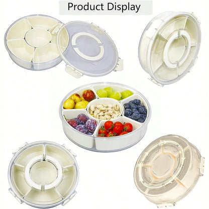 Rotatable Circular Snack Tray w/ Lid & Handle, Divided Food Storage Container for Fruit Veggie Kitchen & Outdoor 🍿