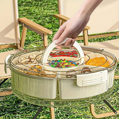 Rotatable Circular Snack Tray w/ Lid & Handle, Divided Food Storage Container for Fruit Veggie Kitchen & Outdoor 🍿