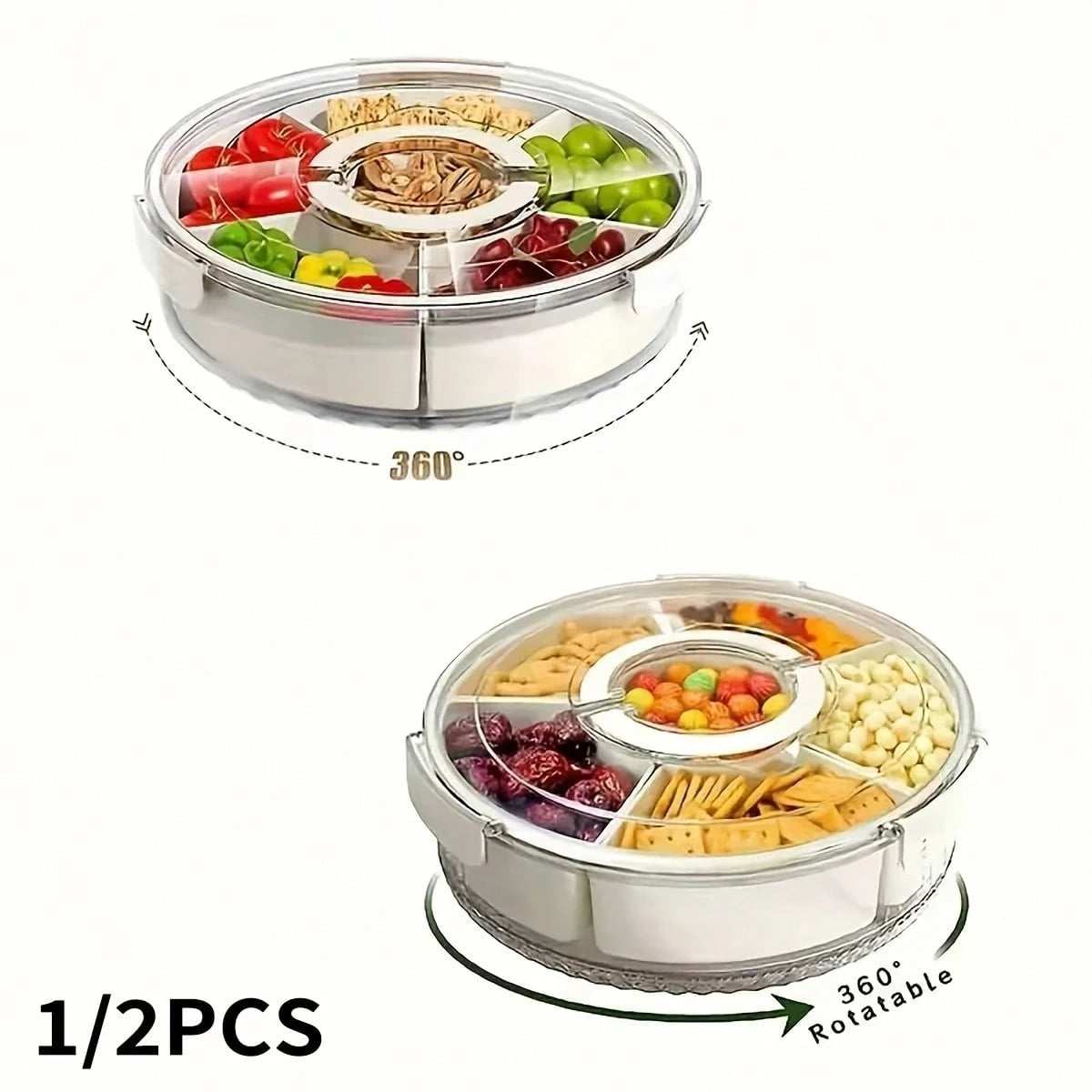 Rotatable Circular Snack Tray w/ Lid & Handle, Divided Food Storage Container for Fruit Veggie Kitchen & Outdoor 🍿