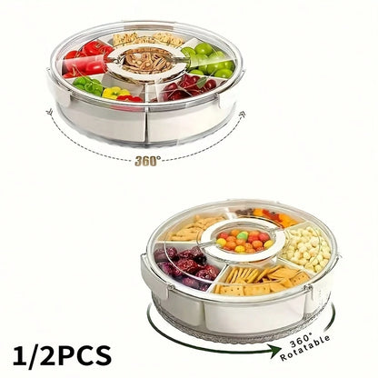 Rotatable Circular Snack Tray w/ Lid & Handle, Divided Food Storage Container for Fruit Veggie Kitchen & Outdoor 🍿