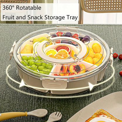 Rotatable Circular Snack Tray w/ Lid & Handle, Divided Food Storage Container for Fruit Veggie Kitchen & Outdoor 🍿