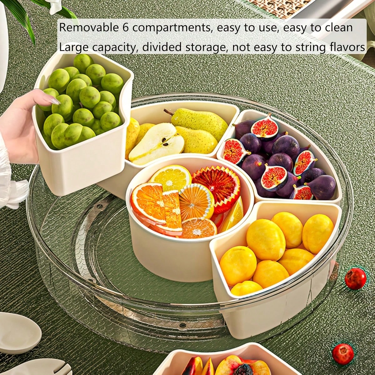 Rotatable Circular Snack Tray w/ Lid & Handle, Divided Food Storage Container for Fruit Veggie Kitchen & Outdoor 🍿