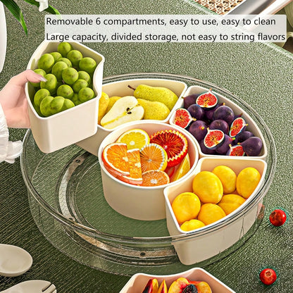 Rotatable Circular Snack Tray w/ Lid & Handle, Divided Food Storage Container for Fruit Veggie Kitchen & Outdoor 🍿