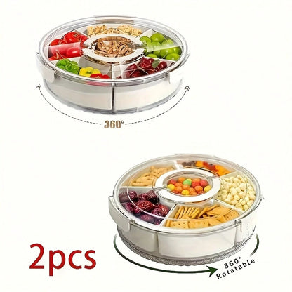 Rotatable Circular Snack Tray w/ Lid & Handle, Divided Food Storage Container for Fruit Veggie Kitchen & Outdoor 🍿