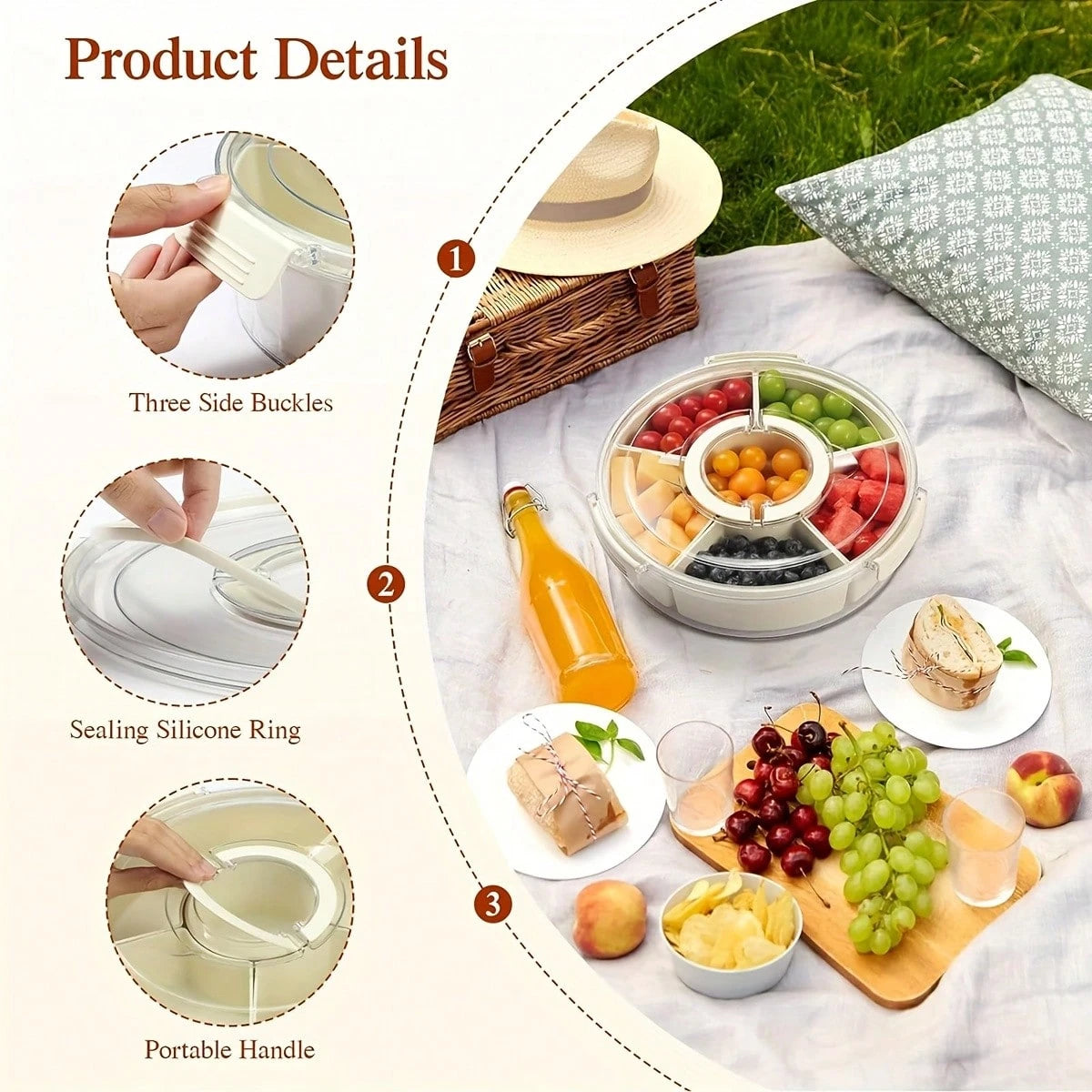 Rotatable Circular Snack Tray w/ Lid & Handle, Divided Food Storage Container for Fruit Veggie Kitchen & Outdoor 🍿