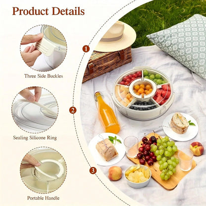 Rotatable Circular Snack Tray w/ Lid & Handle, Divided Food Storage Container for Fruit Veggie Kitchen & Outdoor 🍿