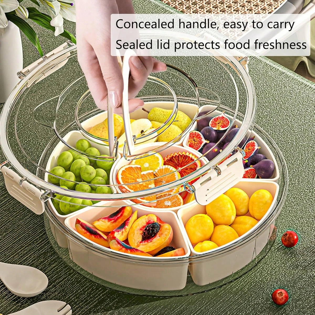 Rotatable Circular Snack Tray w/ Lid & Handle, Divided Food Storage Container for Fruit Veggie Kitchen & Outdoor 🍿