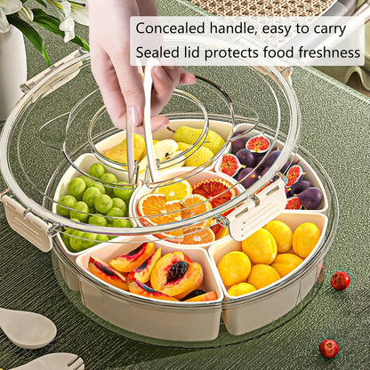 Rotatable Circular Snack Tray w/ Lid & Handle, Divided Food Storage Container for Fruit Veggie Kitchen & Outdoor 🍿