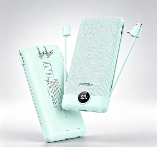 Portable Charger with Built-in AC Plug and Cables, All in One 10000mAh Ultra Slim Power Bank Emergency Fast Charging