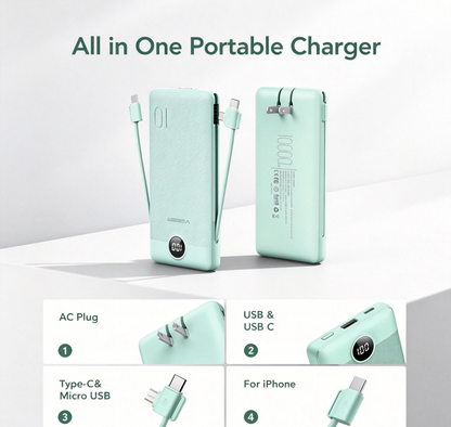 Portable Charger with Built-in AC Plug and Cables, All in One 10000mAh Ultra Slim Power Bank Emergency Fast Charging