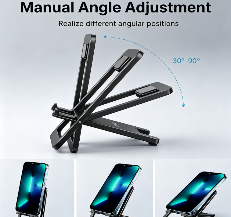 Cell Phone Stand, Foldable Aluminum Adjustable Phone Holder for Desk Portable Travel Essentials Office Accessories