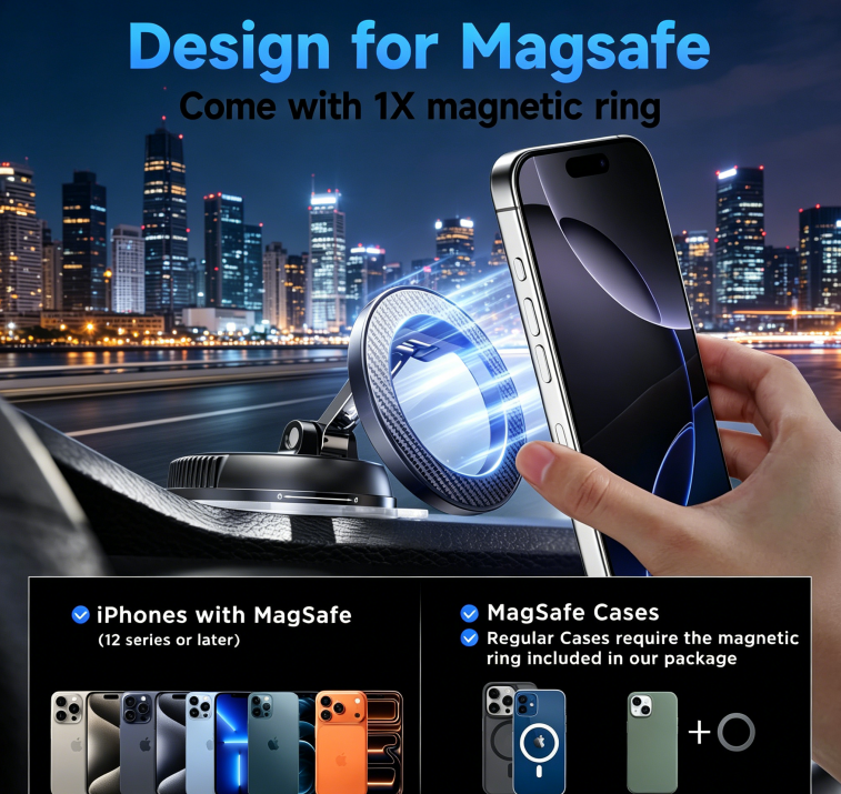 Car Phone Holder for Magsafe [78+LBS Strongest Suction & 2400gf Strongest Magnetic] 360° Adjustable Car Phone Mount